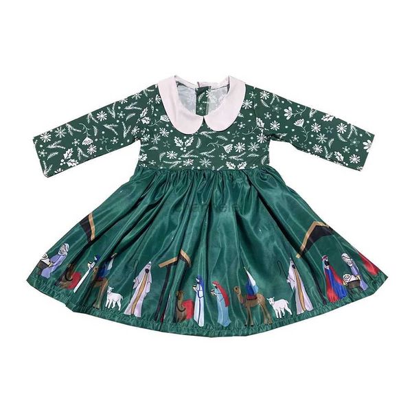 Mädchenkleider Hübsches Mädchenkleid mit langen Ärmeln, großer Rock, grünes Muster, Kragen für Puppen, Muster mit langen Ärmeln am Knie 240315