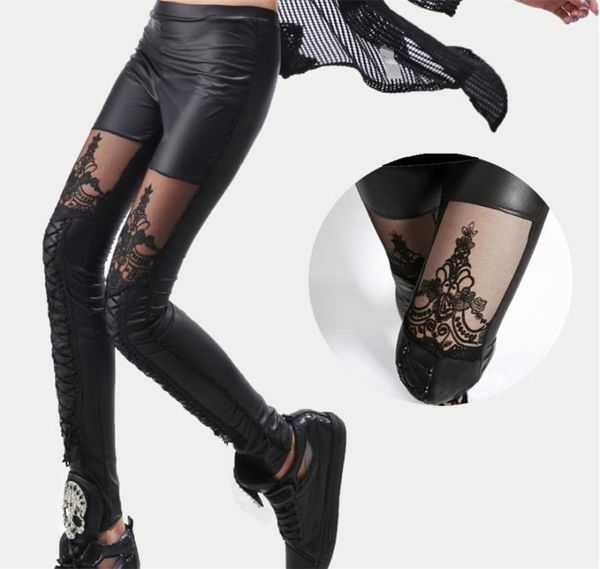 Hohe Qualität ganze Punk Schwarz Kunstleder Gothic Spitze Legging Frauen Bandage Schnürleggings günstige Hosen Hosen LJ200924560444