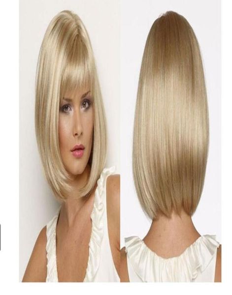 HAIRJOY Mulheres Brancas Perucas Completas Sintéticas Curto Reto Bob Penteado Loira Destaques Peruca de Cabelo Resistente Ao Calor2139290