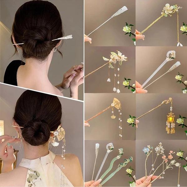 Grampos de cabelo vara chinesa para mulheres metal jade pino varas meninas pérola flor borla hairpin vintage jóias tradicionais