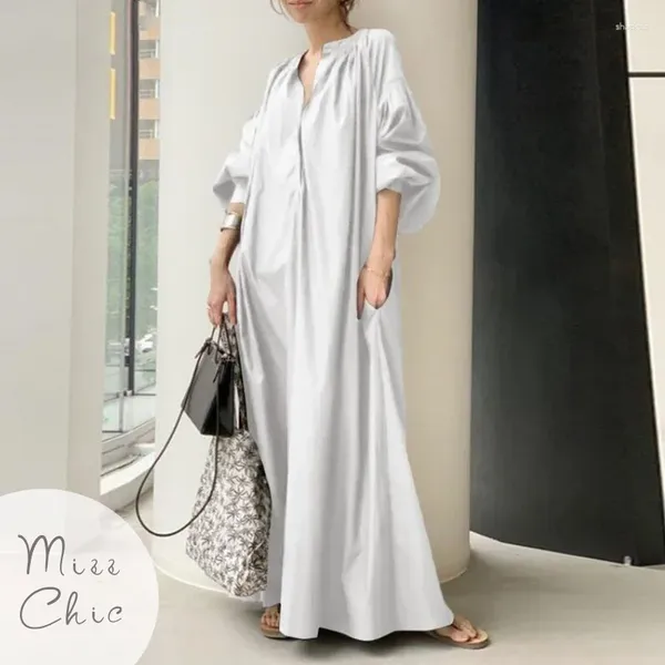 Vestidos casuais temperamento commuting branco algodão vestido de linho oversize elegante camisa sólida mulheres maxi vestidos feminino lanterna manga robe