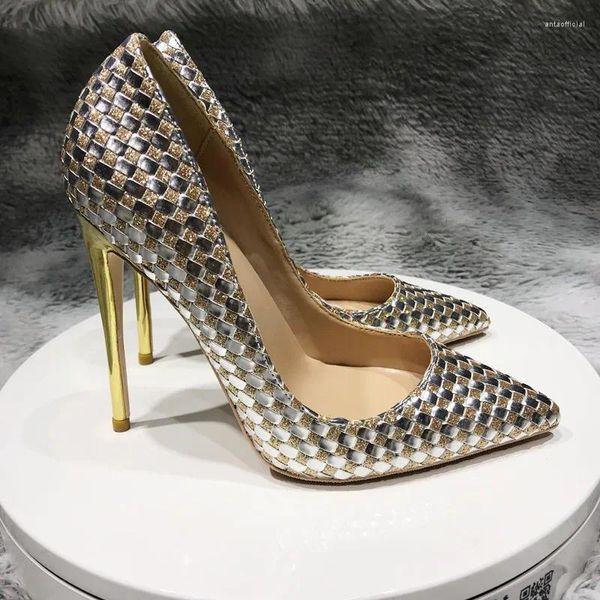 Abendschuhe mit Stilettos – schmale, spitze Absätze für Damen, flacher Gold- und Silber-Ultra-High-Stoff