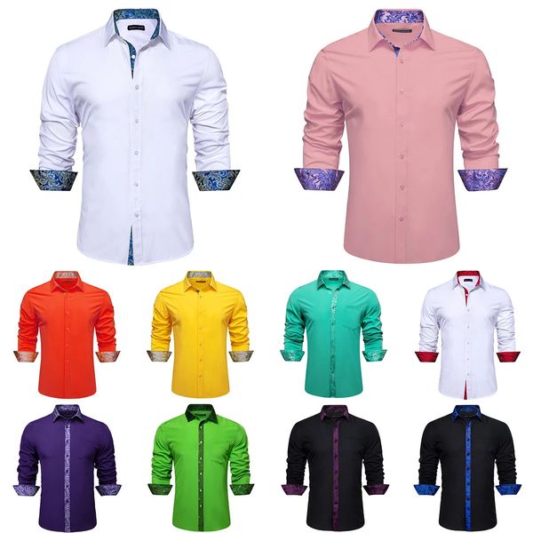 Camisas de seda de luxo para homens manga longa sólido branco ouro rosa azul verde preto duas cores magro ajuste blusas masculinas topos barry wang 240304