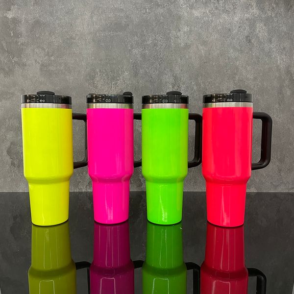 Magazzino USA grande capacità 40 once colori al neon sublimazione vuota bicchieri da bere lucidi tazze da viaggio all'aperto bottiglia d'acqua Thermos quencher con manico e cannucce