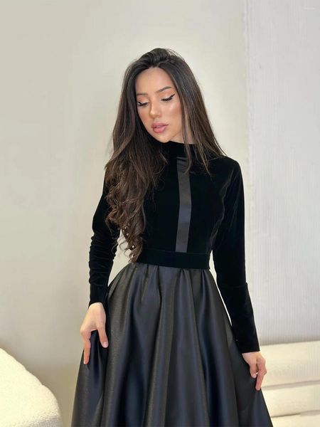 Abiti casual Velluto nero e patchwork di raso Abito lungo da donna affascinante Vita sottile Maniche lunghe Festa alta modesta Real Po