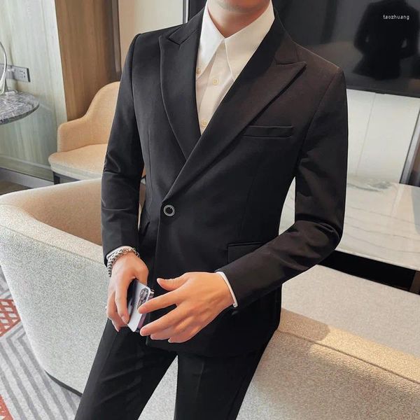 Erkek Suit 2024 Yüksek kaliteli moda yakışıklı hepsi bir arada tek bir göğüslü takım elbise ceket düz renk siyah
