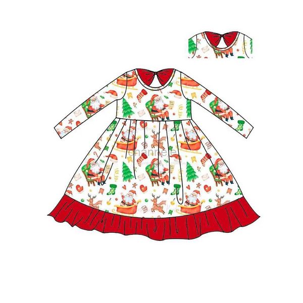 Vestidos de menina vestido de menina de Natal com mangas compridas nos joelhos em estilo de saia vermelha com Papai Noel Pattern Milk Silk Fabric 240315