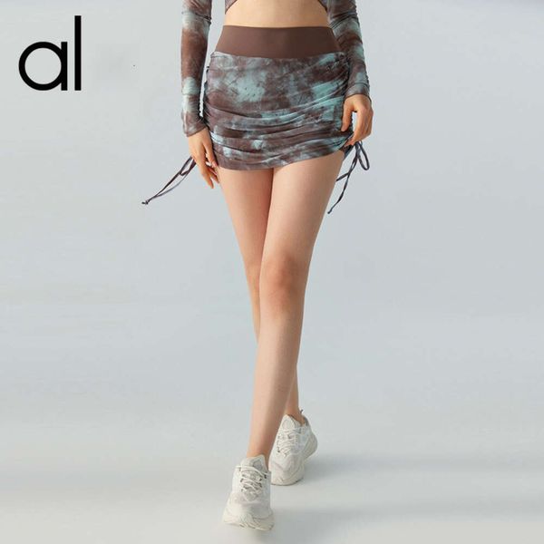 2024Aloyoga, новые летние женские модели, стильное платье с принтом Tie Dye, сетчатая спортивная юбка для йоги с антибликовым покрытием и высокой талией,