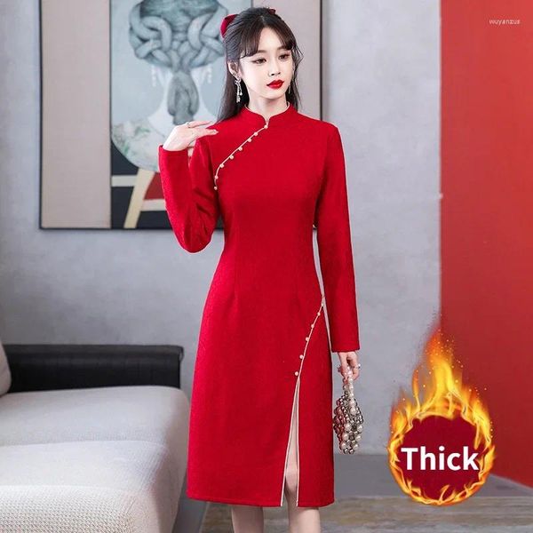 Roupas étnicas 2024 outono inverno elegante retro moderno melhorado vermelho cheongsam chinês tradicional renda qipao vestido para mulheres