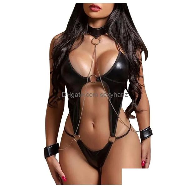 Bras conjuntos porno preto bondage lingerie mulheres pu couro sexy tentação roupa interior bodysuit nightdress cosplay traje3000043 gota de dhevq