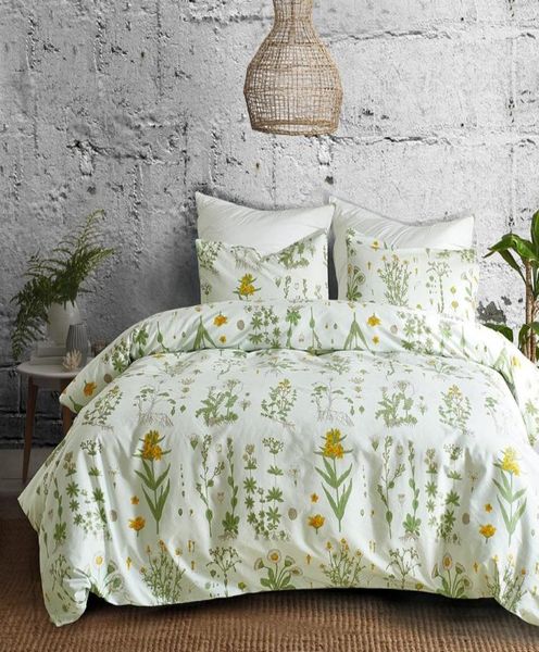 Conjunto de capa de edredom botânico, 23 peças, flores amarelas e folhas verdes, padrão floral, jardim, estampado, conjunto de cama 6545737