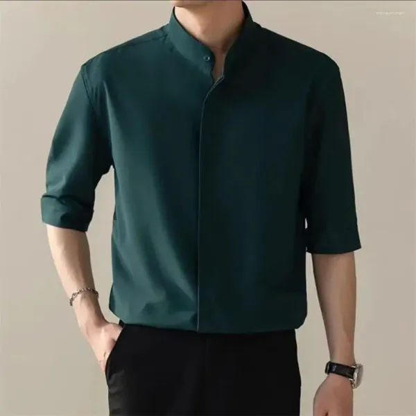 Camicie casual da uomo Camicia da uomo Colletto alla coreana Monopetto Mezze maniche Tinta unita Slim Fit Stile business Cardigan morbido da ufficio