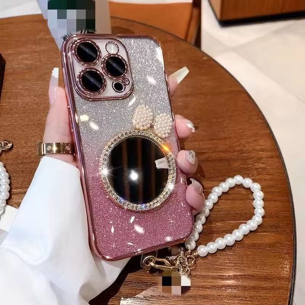Custodia a specchio di lusso con glitter bling per iPhone 15 14 13 12 11 Pro Max con cover per telefono con braccialetto a catena di perle