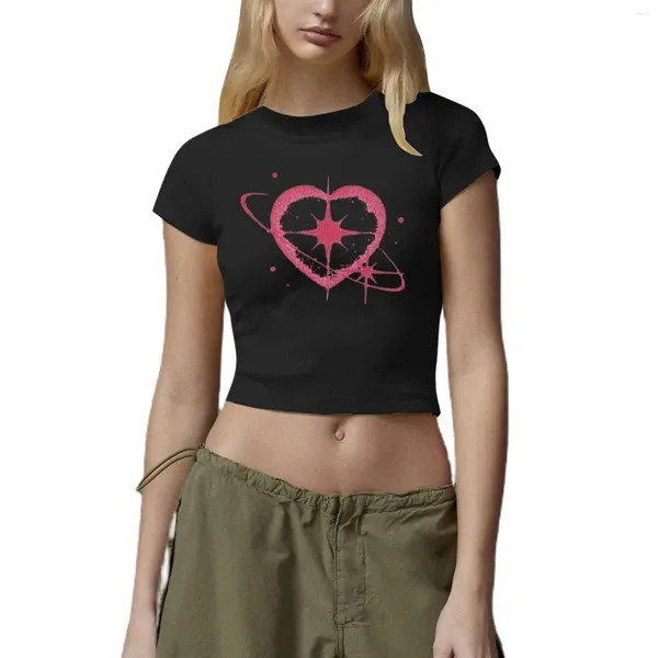 T-shirt da donna Moda stampata Top corto estivo Nero Y2K Streetwear T-shirt attillate sexy a manica corta per le donne T-shirt slim per bambini Anni 2000