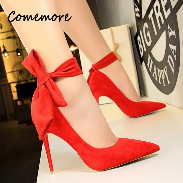 Comemore Stilettos Sommer Große Größe 43 Bogen Luxus High Heels Sandalen Damen Schwarz Rot Party Pumpen Kleid Frau Schuhe Maultiere 240304