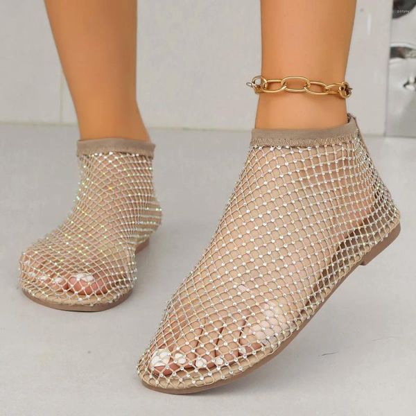 Sandálias 2024Women's Round Toe Flat Bottom Hollow Botas Curtas Water Diamond Sexy Shoes