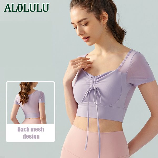 AL0LULU Mesh-Patchwork-Sportoberteil für Damen mit Logo und gepolstertem kurzen Yoga-Oberteil