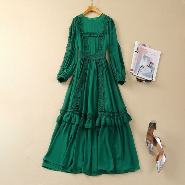 Европейская и американская женская одежда, новинка весны 2024 года, с круглым вырезом и длинными рукавами, зеленый грибок, модное плиссированное платье XXL