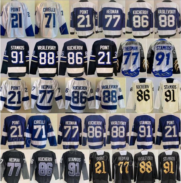 Homens 2024 Hóquei Alternativo 86 Nikita Kucherov Jerseys 88 Andrei Vasilevskiy 91 Steven Stamkos 21 Brayden Point 77 Victor Hedman Costurado Branco Azul Reverso Retro