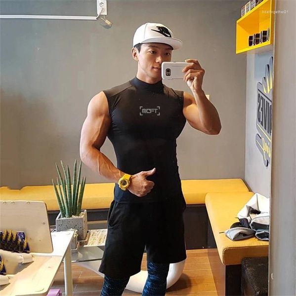 Regatas masculinas Muscle Guys Ginásio Fitness Sem Mangas Compressão Elasticidade Homens Casual Verão Respirável Secagem Rápida Camiseta de Gola Alta
