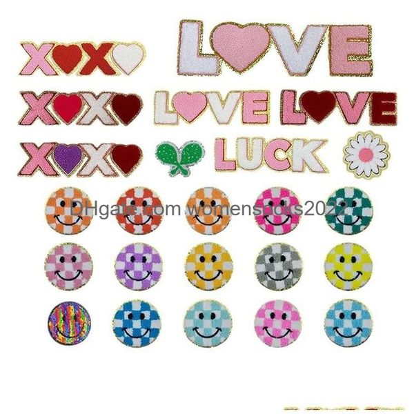 Nozioni di cucito Strumenti Lettere Iron Ones Xoxo Love Heart Ciniglie con glitter Cucire su applicazioni ricamate Riparazione Fai da te Craft Projec Dh4Jl