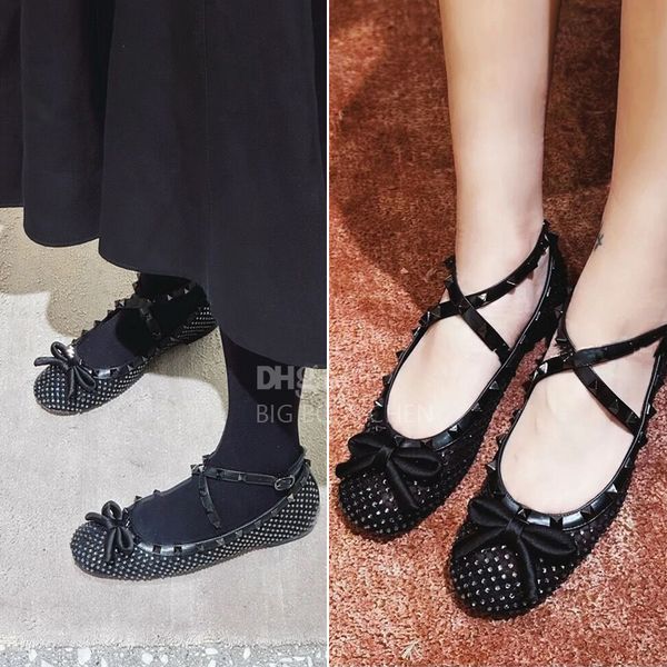 Top-Qualität Mesh-Strass-Ballerinas Spitzenniete Flache Schuhe Knöchelriemen-Loafer Damen-Kleiderschuhe Luxus-Designer-Tanzschuhe Fabrikschuhe