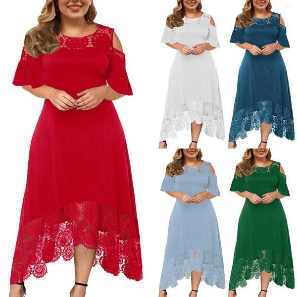 Freizeitkleider Plus Size Damen Formales Partykleid O-Ausschnitt Spitze Nähte Solide Kalte Schulter Lange Robe Unregelmäßiger Saum Damen