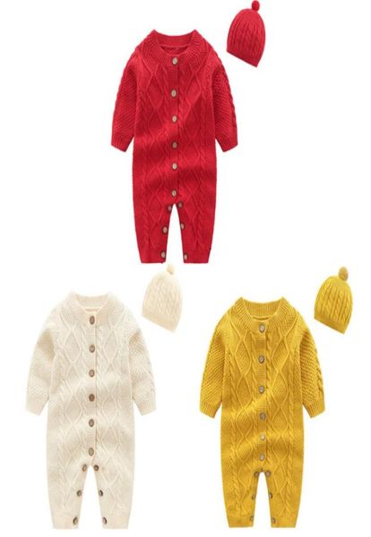 Bebek Çocuk Örgü Sweater Romper Sonbahar Kış Yürümeye Başlayan Çocuklar Örgü Uzun Kollu Tulum Ponpon Şapkaları Küçük Erkek Kız Rom3363386