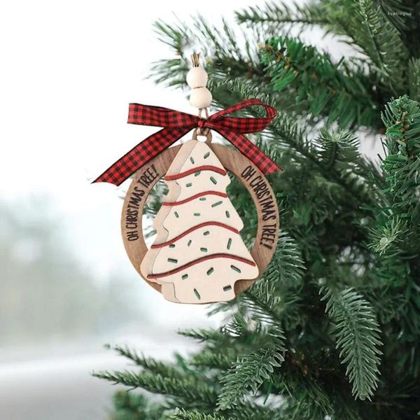 Decorações de natal pingente de árvore de madeira dupla camada oco decoração redonda pendurado ornamento com arco cordão