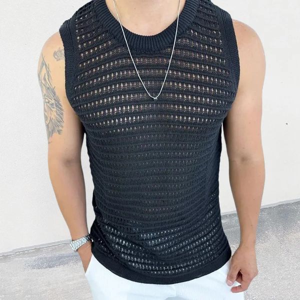 Hip Hop Männer Tank Top Gestrickte Aushöhlen Atmungsaktive Lose Weste Herren Y2K Mesh Häkeln Stricken Tops Ärmellose Transparente Sexy Tanks 240313