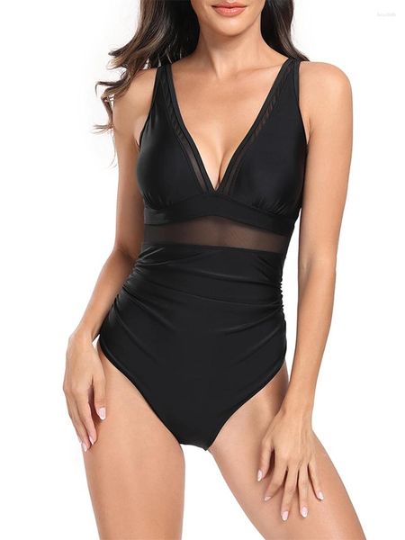 Damenbadebekleidung 2024 Sexy Black Mesh Sheer V-ausschnitt Frauen 1 Stück Badeanzug Weibliche High Cut Monokini Badende Badeanzug Schwimmen Strand tragen