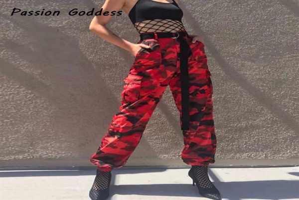 Moda europeia feminina vermelho camo calças de carga hiphop dança vermelho camuflagem calças femme jean pantalon mujer277l8384014