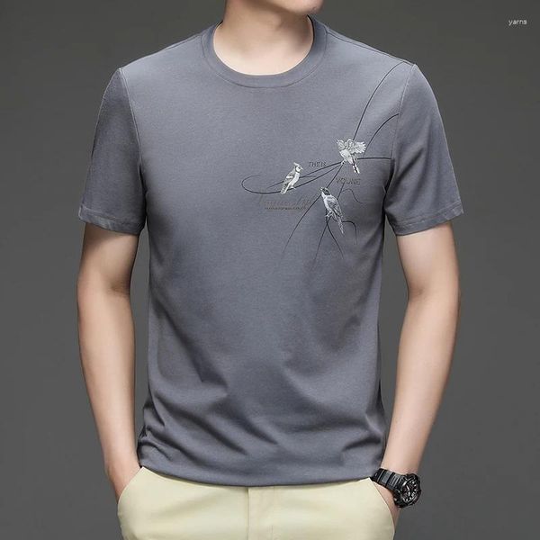 Camiseta masculina com estampa de pássaros, camiseta de algodão mercerizado de alta qualidade, casual, gola redonda, estampa de moda, manga curta