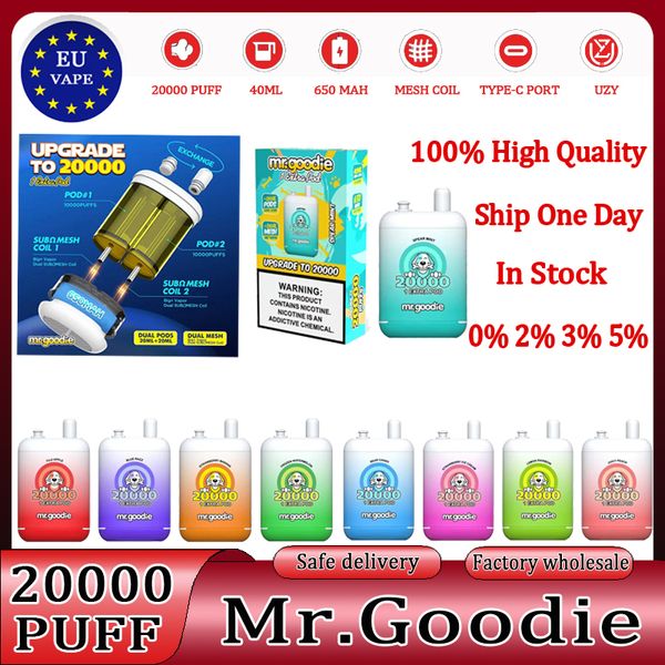 Original Mr.Goodie 20000 Puffs elektronische Einweg-Zigarette Puff 20k Dual Pods Dual Mesh Vape Pen 40 ml 650 mAh wiederaufladbare Spule 2 W Puff 12 Geschmacksrichtungen 0 % 2 % 3 % 5 % Vaper Vapes