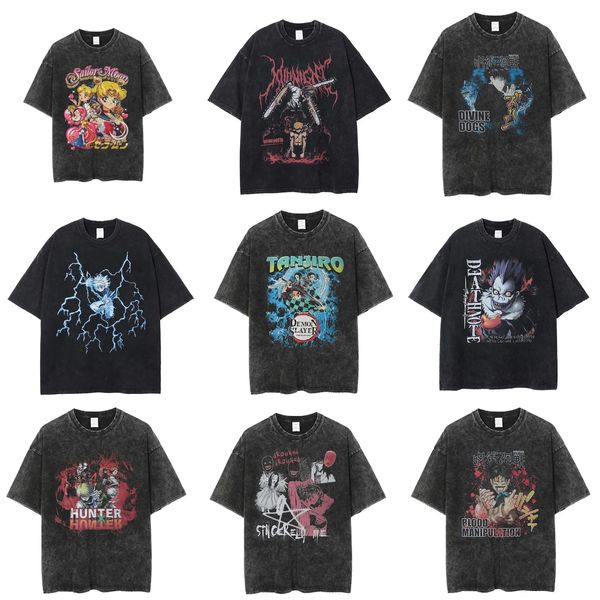 Designer masculino vintage lavagem impressão digital anime padrão camiseta – algodão de alta qualidade para streetwear