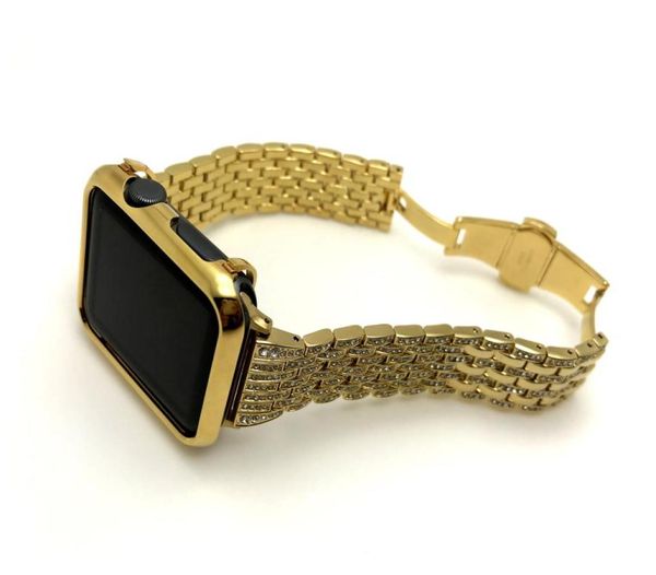 24K vergoldetes Apple Watch Lünettengehäuse Gold Diamanten Edelstahl Uhrenarmband für Apple Watch S1S2S3 42 mm 2in1 Set1659572