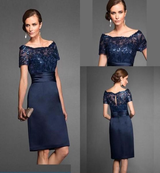 Elegante corto blu navy abiti per la madre della sposa pizzo con paillettes lunghezza al ginocchio abito da festa di nozze manica corta4268924