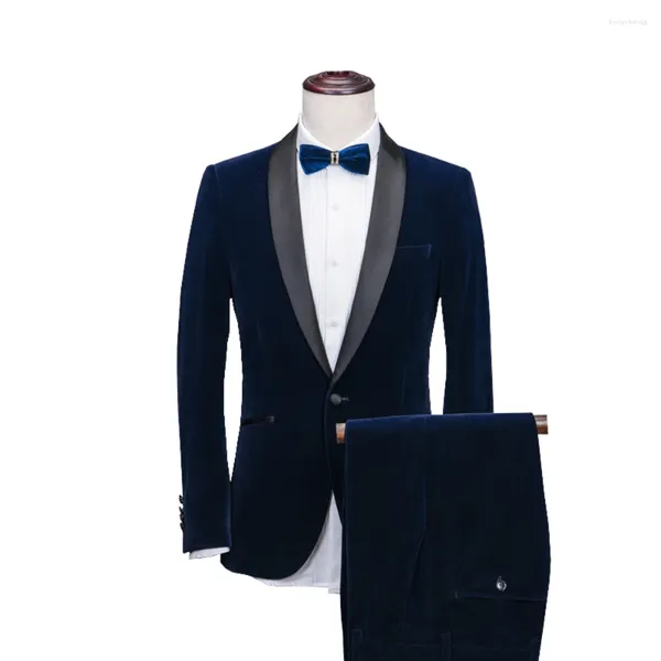 Ternos masculinos gola xale 2 peças slim fit azul borgonha preto verde terno veludo smoking jaqueta para casamento (calças blazer)