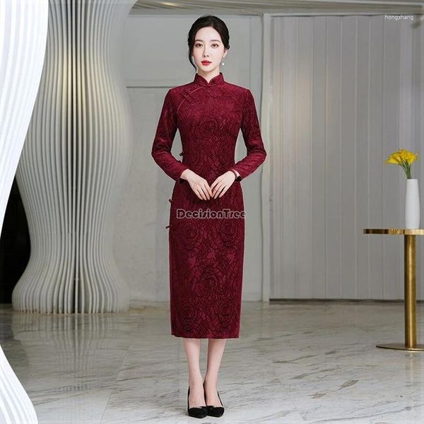 Ethnische Kleidung 2024 Chinesisches verbessertes Retro-traditionelles Cheongsam-Kleid Herbst Lange Ärmel Stehkragen Abnehmen Elegantes Qipao W215