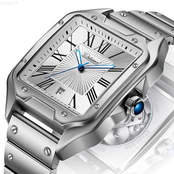 Quadratische schlanke Stein-Luxus-Armbanduhr mit automatischem Datum für Herren, Vollschraub-Edelstahl-Herren-Custom-Private-Label-Mechanische-Uhr