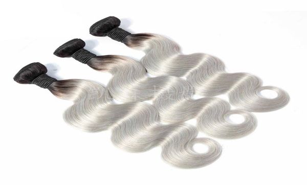 Estensioni dei capelli vergini brasiliani 1B Grigio 3 pacchi Capelli umani dell'onda del corpo 3 pezzi Un set 1BGrey Ombre Prodotti per capelli 1.224 pollici9680419