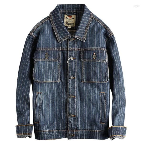 Jaquetas masculinas podem cáqui vintage lavar velho listrado denim jaqueta para homens confortável solto casual juventude casaco americano