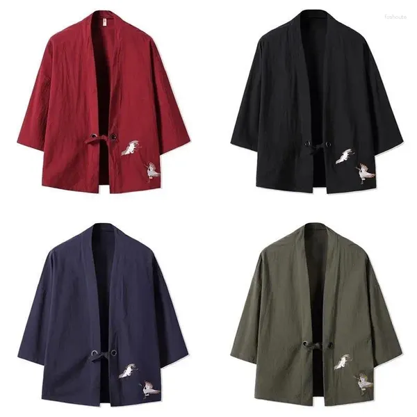 Мужские куртки, модное пальто в китайском стиле, мужские летние тонкие свободные пальто с рукавами три четверти, японский однотонный кардиган, даосский халат, кимоно
