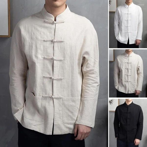 Camisas casuais masculinas homens camisa de manga longa estilo chinês tradicional com mangas de gola mandarim bolsos de botão de disco para