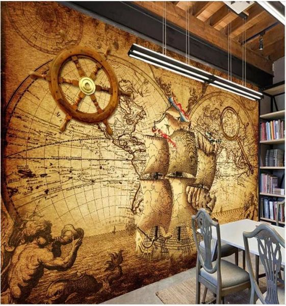 WDBH 3d po papel de parede personalizado mural vintage náutico mapa do mundo tema decoração de casa sala de estar 3d murais de parede papel de parede para paredes 3 7303003