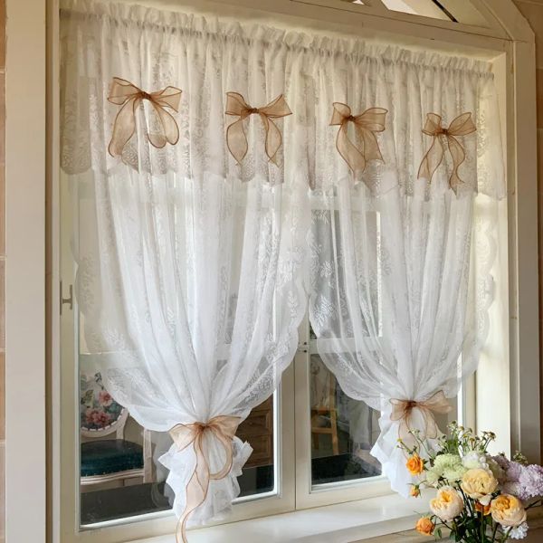 Cortinas coreano branco laço valance curto tule cortinas com arco marrom rosa flor transparente meia pura cortina para sala de estar cozinha