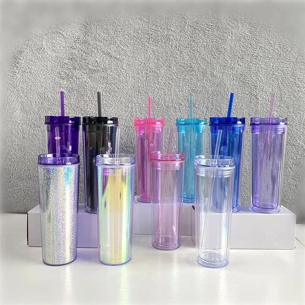 16oz 20oz çift katmanlı taşınabilir plastik saman kapak akrilik bardak su bardağı kahve fincanı kırmızı şarap cam düğün hediyesi 240327