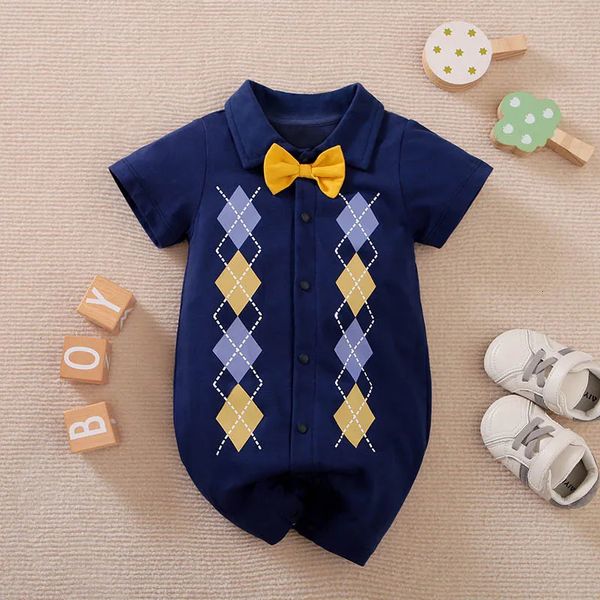 Bebê meninos e meninas roupas roupas de bebê crianças macacão roupas Onesie manga curta puro algodão Argyle azul recém-nascido roupas casuais 240315