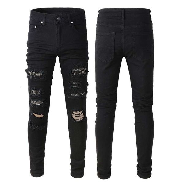 Designer Mens Jeans Angustiado Patch Elastic Fit Slim High Street Rock Revival Jeans Black Hole Calças para Mulheres