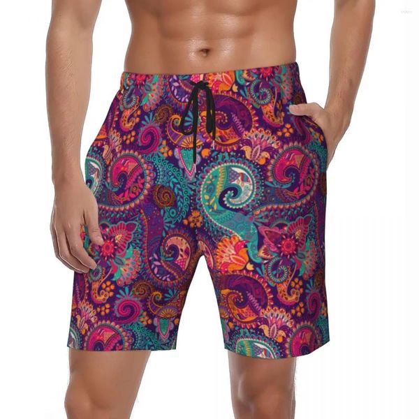 Herren-Shorts, Blumen-Paisley-Brett, Sommer, Lila und Orange, zum Laufen, Surfen, kurze Hosen, schnell trocknend, Hawaii-Strandhose in Übergröße